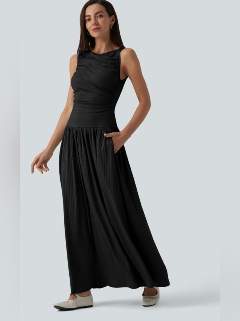 HALARA Knit Boat Neck Asymmetric Strap Ruched Flowy Maxi Casual Dress w/ pockets